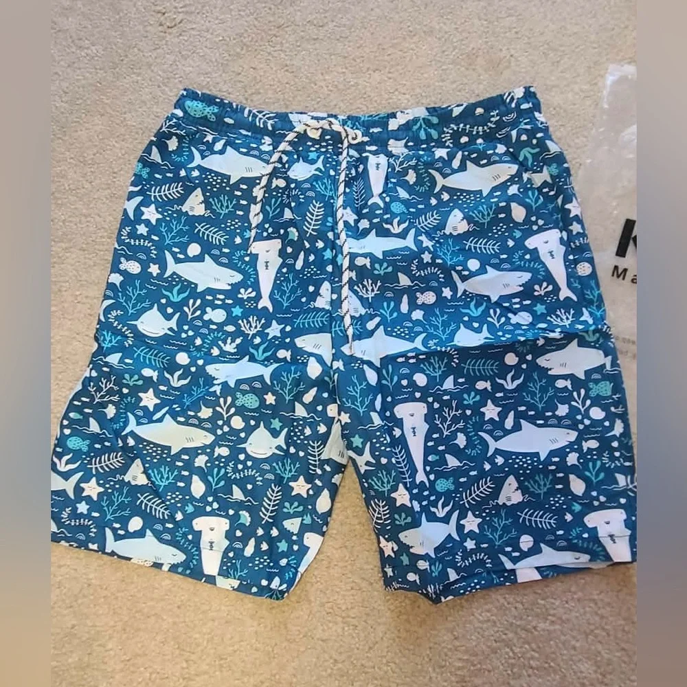 Blue Shark Print Men's Swim Trunks